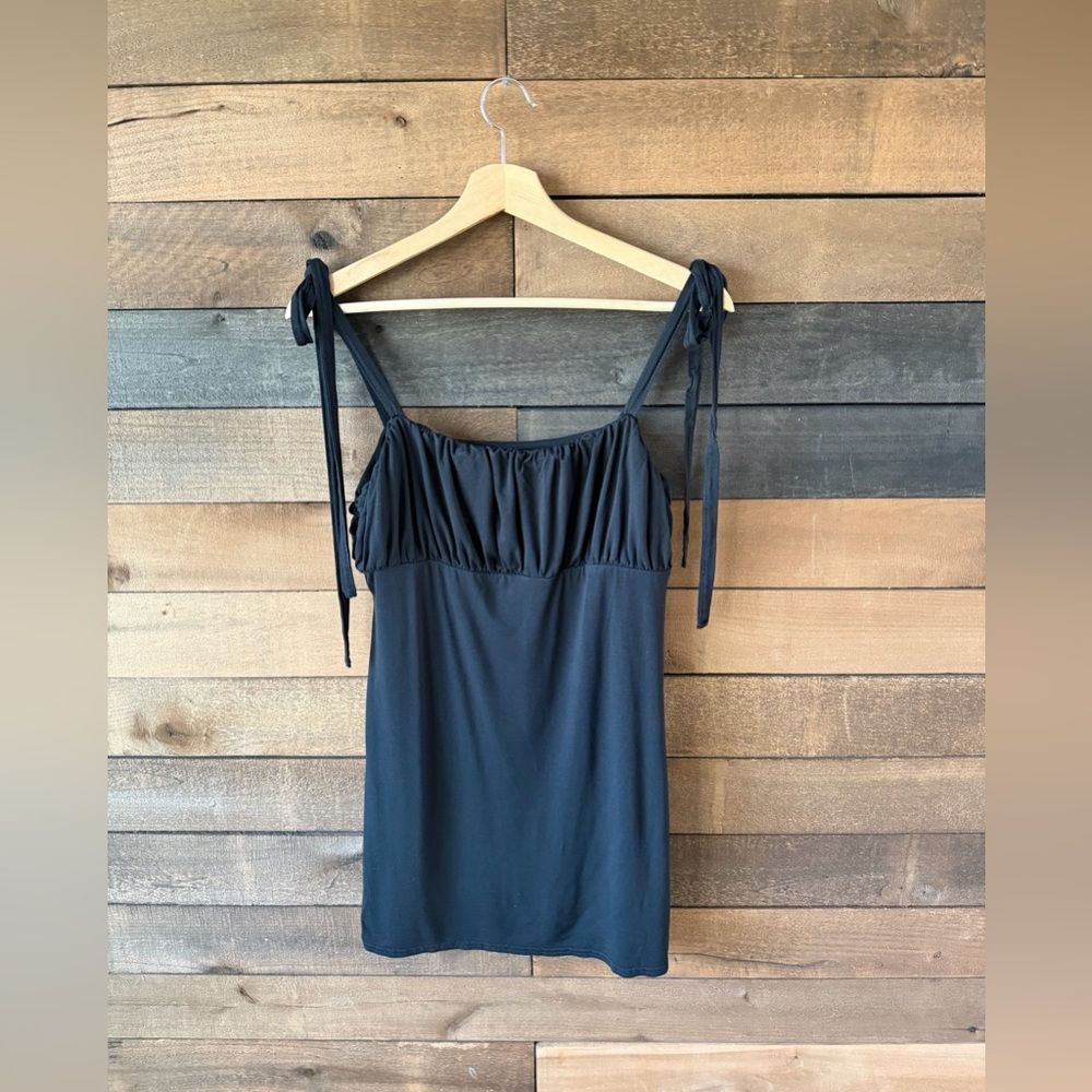 Black Ruched Babydoll Cami Top Tie Strap Flowy Tank Minimal ASOS Y2K